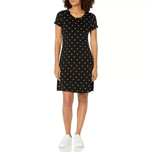 Amazon Essentials Womens ShortSleeve Scoop Neck Swing Dress Available in Plus SizeRayon Blend Black Dots