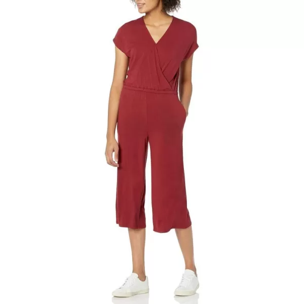 Amazon Essentials Womens ShortSleeve Surplice Cropped WideLeg JumpsuitBurgundy