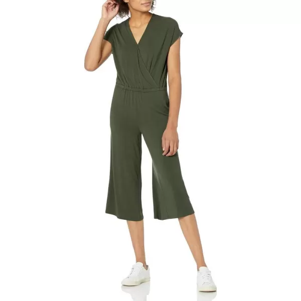 Amazon Essentials Womens ShortSleeve Surplice Cropped WideLeg JumpsuitDark Olive