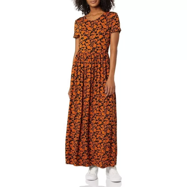 Amazon Essentials Womens ShortSleeve Waisted Maxi Dress Available in Plus SizeRayon Blend Black Brown Floral Print