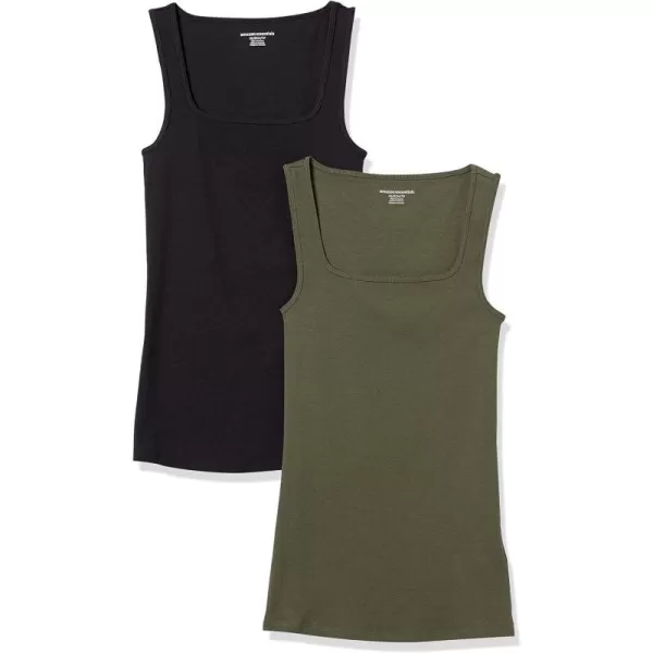 Amazon Essentials Womens Slim Fit Square Neck Tank Pack of 2BlackDark Olive