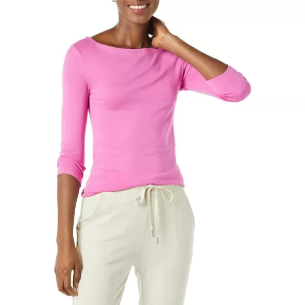 Amazon Essentials Womens SlimFit 34 Sleeve Solid Boat Neck TShirtBright Pink