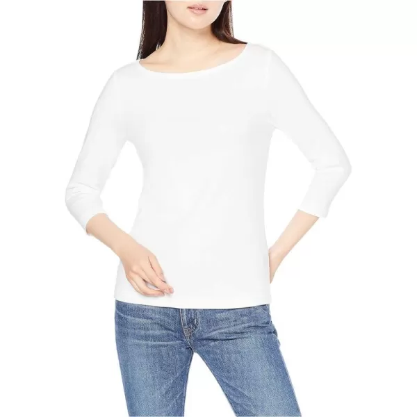 Amazon Essentials Womens SlimFit 34 Sleeve Solid Boat Neck TShirtWhite