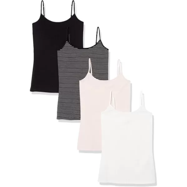 Amazon Essentials Womens SlimFit Camisole Pack of 4BlackPale PinkWhiteStripe