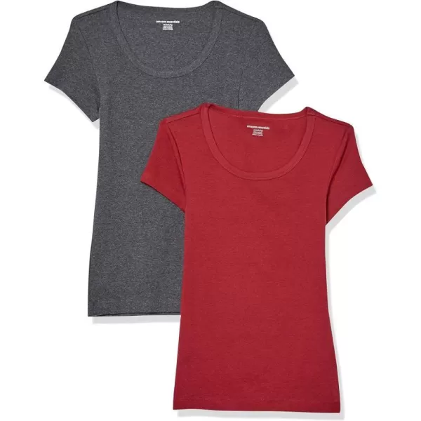 Amazon Essentials Womens SlimFit CapSleeve Scoop Neck TShirt Pack of 2Charcoal HeatherBurgundy