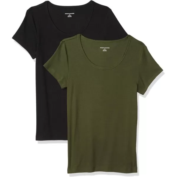 Amazon Essentials Womens SlimFit CapSleeve Scoop Neck TShirt Pack of 2Dark OliveBlack