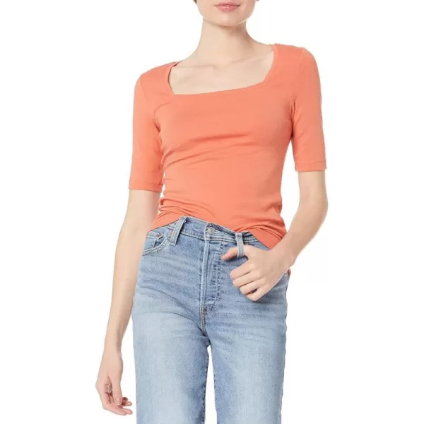 Amazon Essentials Womens SlimFit Half Sleeve Square Neck TShirtRust Orange