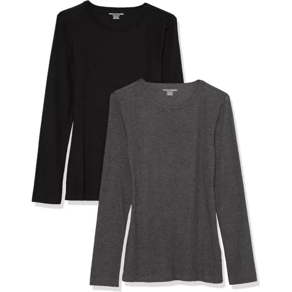 Amazon Essentials Womens SlimFit Layering Long Sleeve Knit Rib Crew Neck Available in Plus Size Pack of 2BlackCharcoal Heather