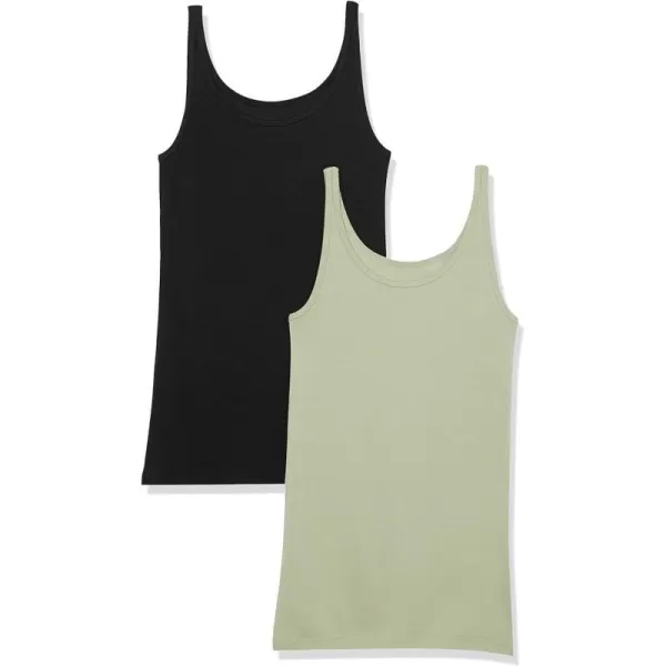 Amazon Essentials Womens SlimFit Thin Strap Tank Pack of 2BlackLight Sage Green