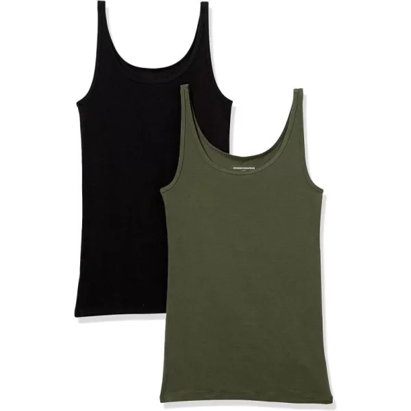 Amazon Essentials Womens SlimFit Thin Strap Tank Pack of 2Dark OliveBlack