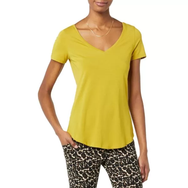 Amazon Essentials Womens Soft Cotton StandardFit VNeck ShortSleeve Yoga TShirt Available in Plus SizeDark Mustard Yellow