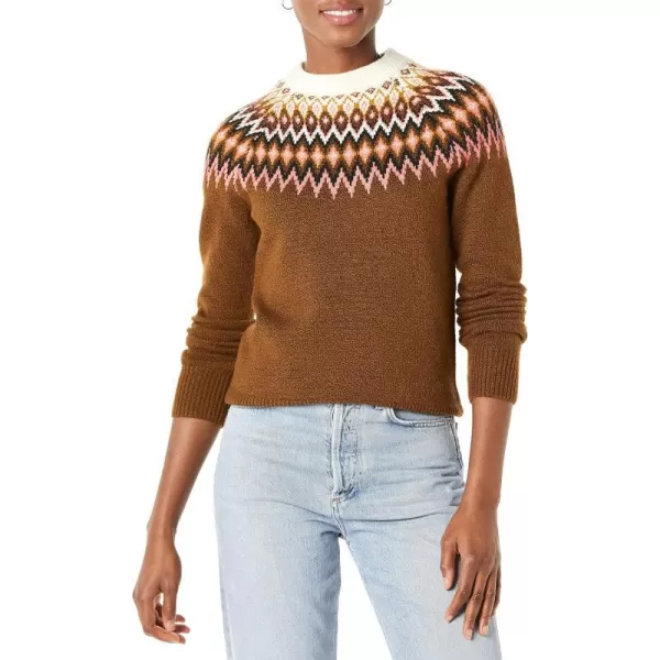 Amazon Essentials Womens SoftTouch Crewneck Novelty SweaterMedium Brown Fair Isle