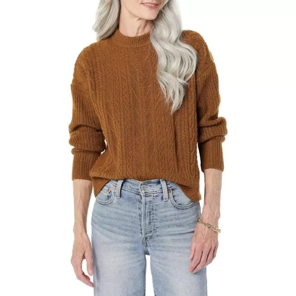 Amazon Essentials Womens SoftTouch Modern Cable Crewneck Sweater Available in Plus SizeDark Camel