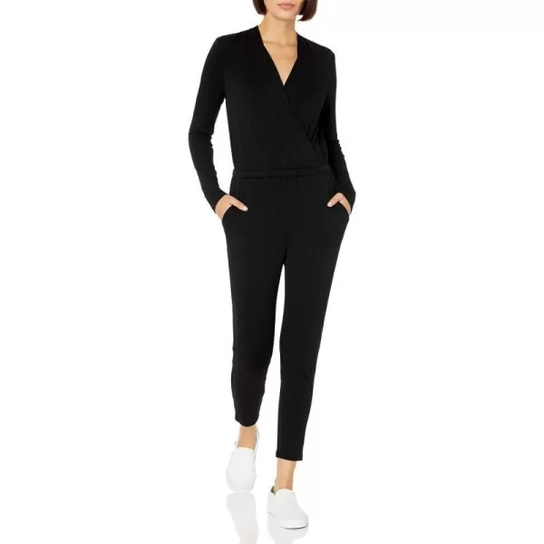 Amazon Essentials Womens Supersoft Terry LongSleeve VNeck Wrap Jumpsuit Previously Daily RitualBlack