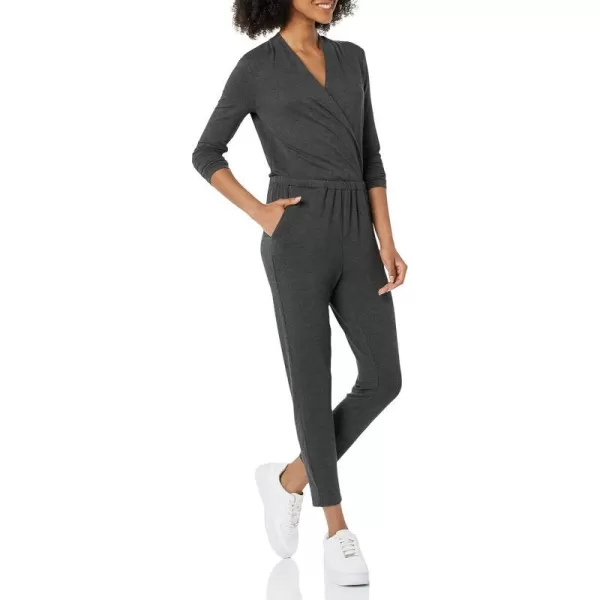 Amazon Essentials Womens Supersoft Terry LongSleeve VNeck Wrap Jumpsuit Previously Daily RitualCharcoal Heather