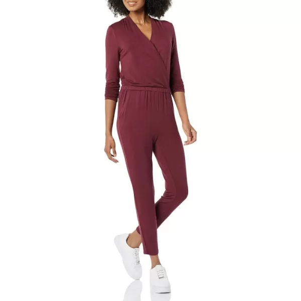 Amazon Essentials Womens Supersoft Terry LongSleeve VNeck Wrap Jumpsuit Previously Daily RitualDark Burgundy