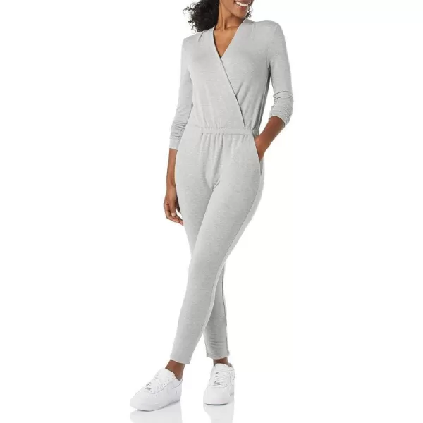 Amazon Essentials Womens Supersoft Terry LongSleeve VNeck Wrap Jumpsuit Previously Daily RitualGrey Heather