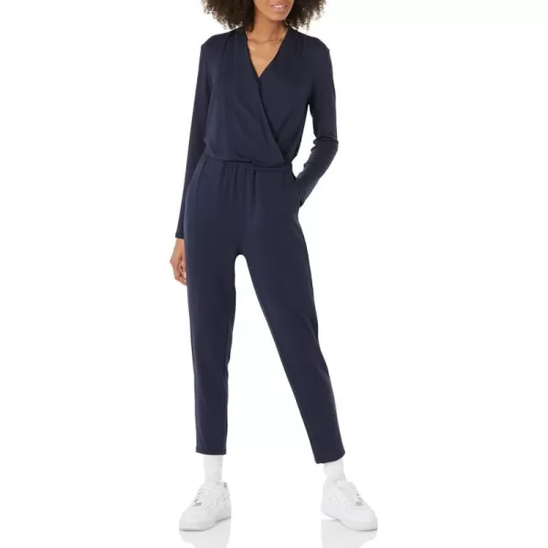 Amazon Essentials Womens Supersoft Terry LongSleeve VNeck Wrap Jumpsuit Previously Daily RitualNavy