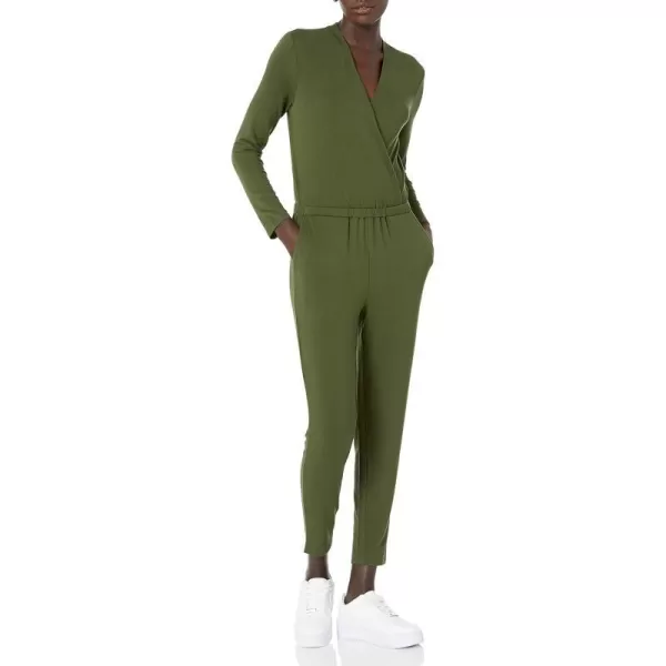 Amazon Essentials Womens Supersoft Terry LongSleeve VNeck Wrap Jumpsuit Previously Daily RitualOlive