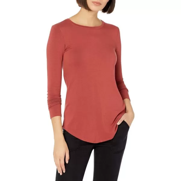 Amazon Essentials Womens Supersoft Terry RegularFit LongSleeve Shirttail Hem Shirt Previously Daily RitualRayon Blend Brick Red