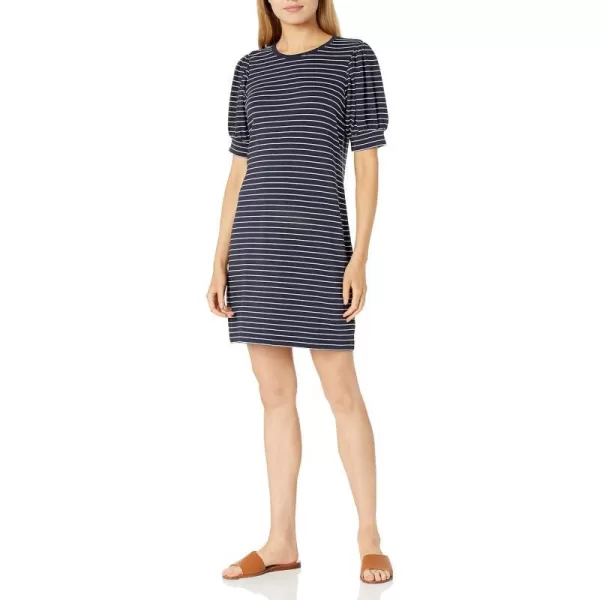 Amazon Essentials Womens Supersoft Terry RelaxedFit ShortSleeve PuffSleeve Dress Previously Daily RitualRayon Blend NavyWhite Stripe