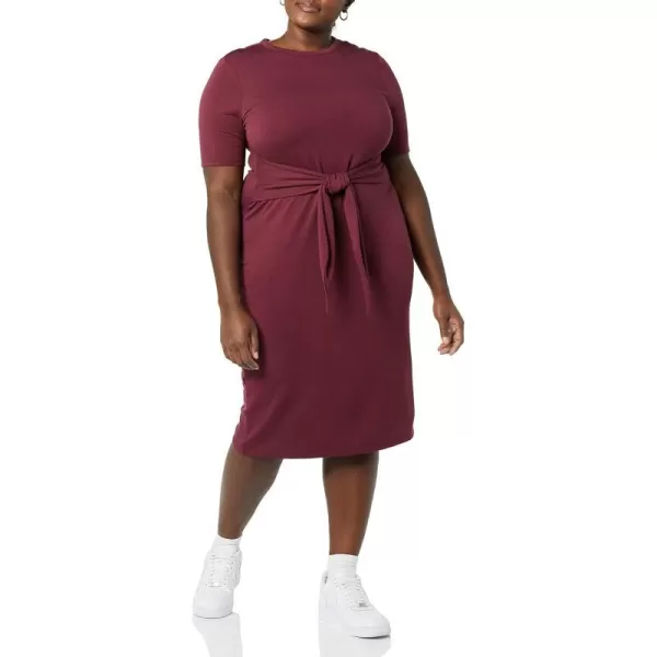 Amazon Essentials Womens Supersoft Terry ShortSleeve Crewneck TieFront Midi Dress Previously Daily RitualBurgundy