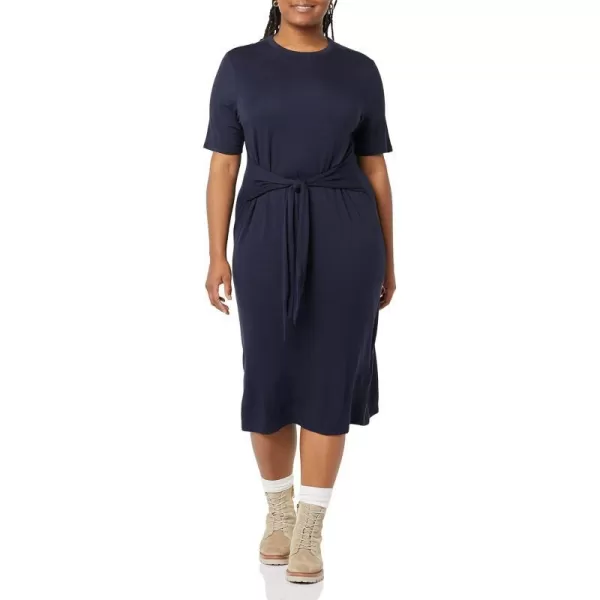 Amazon Essentials Womens Supersoft Terry ShortSleeve Crewneck TieFront Midi Dress Previously Daily RitualNavy