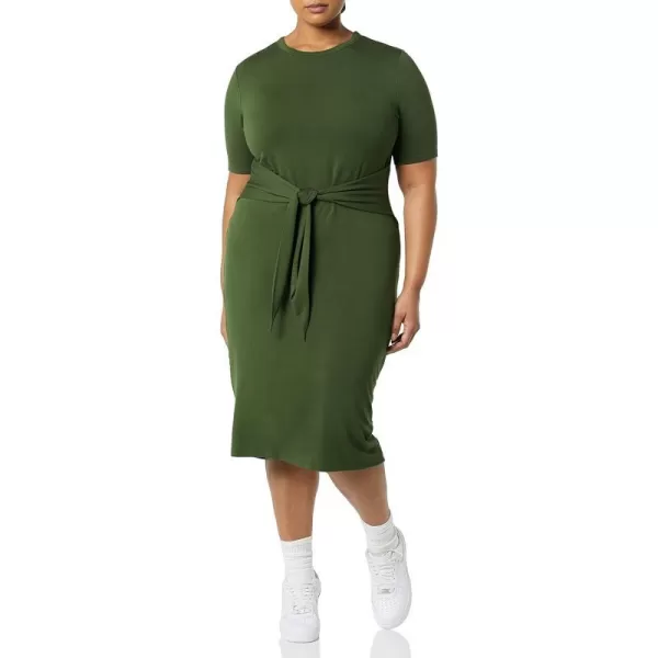 Amazon Essentials Womens Supersoft Terry ShortSleeve Crewneck TieFront Midi Dress Previously Daily RitualOlive