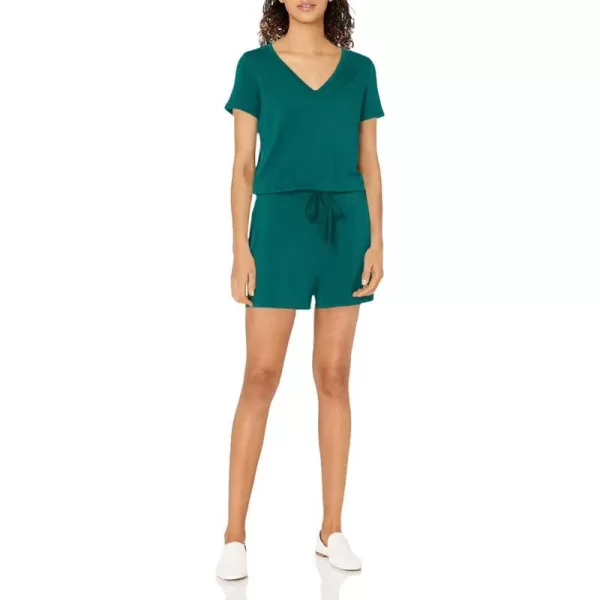 Amazon Essentials Womens Supersoft Terry ShortSleeve VNeck Romper Previously Daily RitualRayon Blend Dark Emerald Green