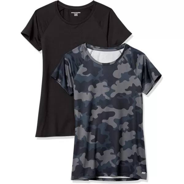 Amazon Essentials Womens Tech Stretch CapSleeve TShirt Pack of 22 BlackCharcoal Camo