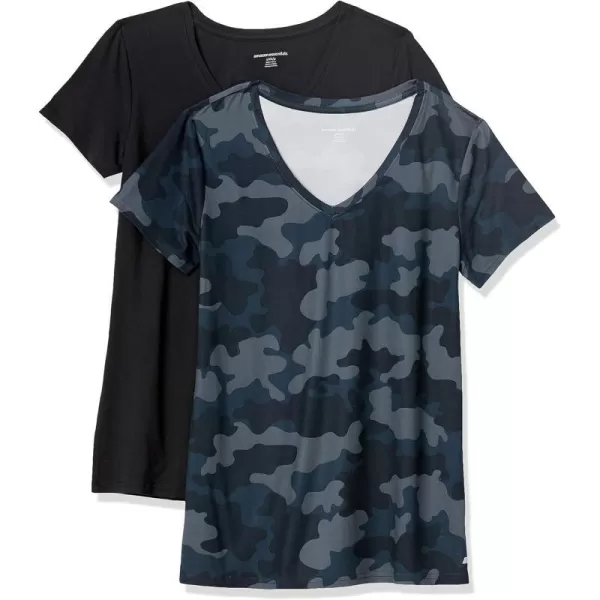 Amazon Essentials Womens Tech Stretch ShortSleeve VNeck TShirt Available in Plus Size Multipacks2 BlackNavy Camo