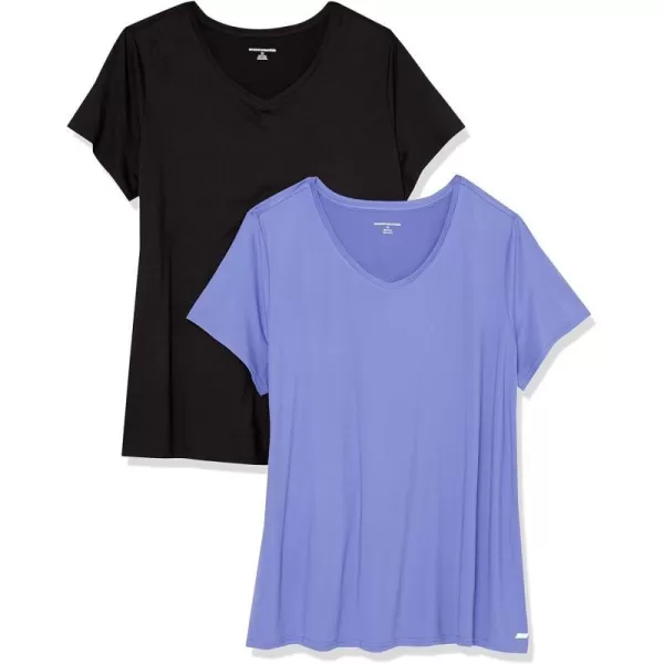 Amazon Essentials Womens Tech Stretch ShortSleeve VNeck TShirt Available in Plus Size Multipacks2 BlackPurple