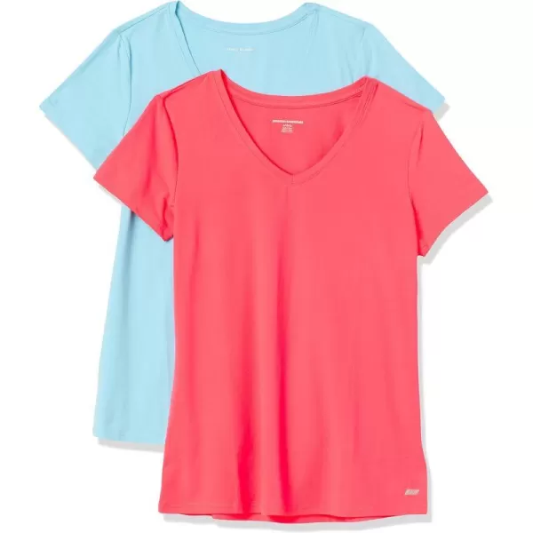 Amazon Essentials Womens Tech Stretch ShortSleeve VNeck TShirt Available in Plus Size Multipacks2 BlueNeon Pink