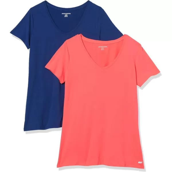 Amazon Essentials Womens Tech Stretch ShortSleeve VNeck TShirt Available in Plus Size Multipacks2 Coral OrangeNavy