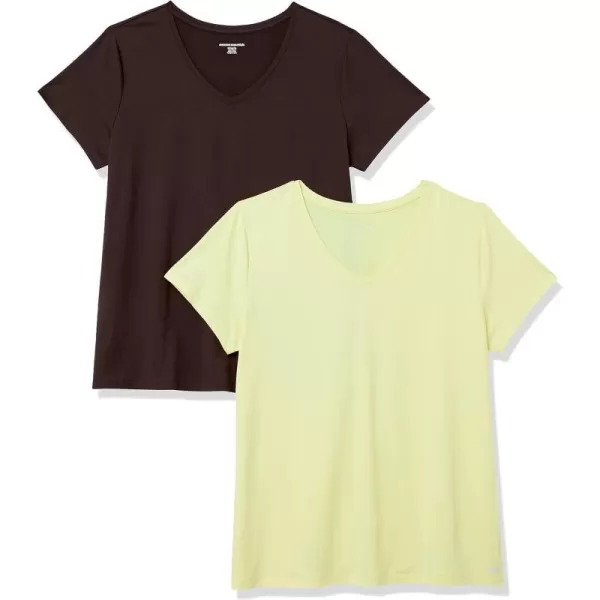 Amazon Essentials Womens Tech Stretch ShortSleeve VNeck TShirt Available in Plus Size Multipacks2 Dark BrownLight Yellow