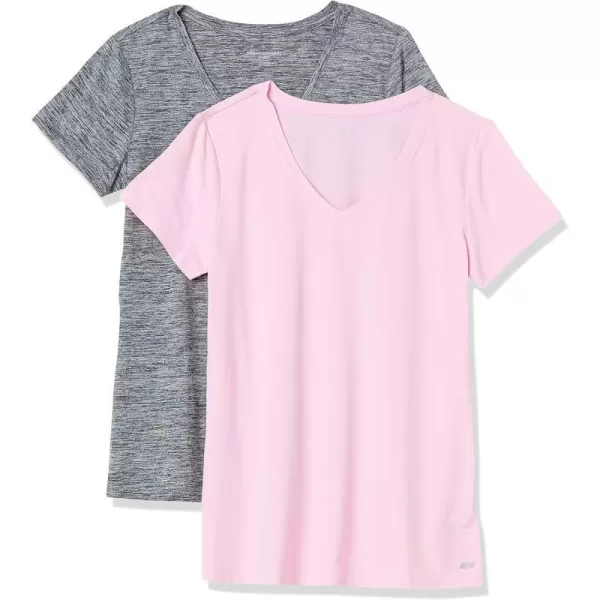 Amazon Essentials Womens Tech Stretch ShortSleeve VNeck TShirt Available in Plus Size Multipacks2 Grey Space DyeLight Pink