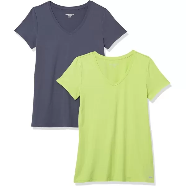 Amazon Essentials Womens Tech Stretch ShortSleeve VNeck TShirt Available in Plus Size Multipacks2 Lime GreenSlate Grey