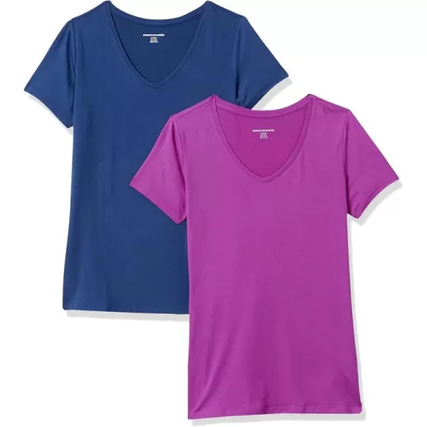 Amazon Essentials Womens Tech Stretch ShortSleeve VNeck TShirt Available in Plus Size Multipacks2 NavyOrchid Purple