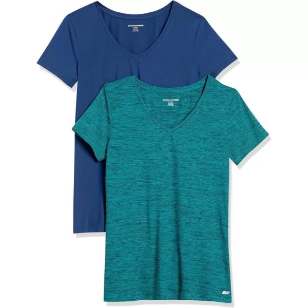 Amazon Essentials Womens Tech Stretch ShortSleeve VNeck TShirt Available in Plus Size Multipacks2 NavyTeal Blue Space Dye