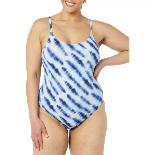 Amazon Essentials Womens Thin Strap onePiece SwimsuitBlue Tie Dye