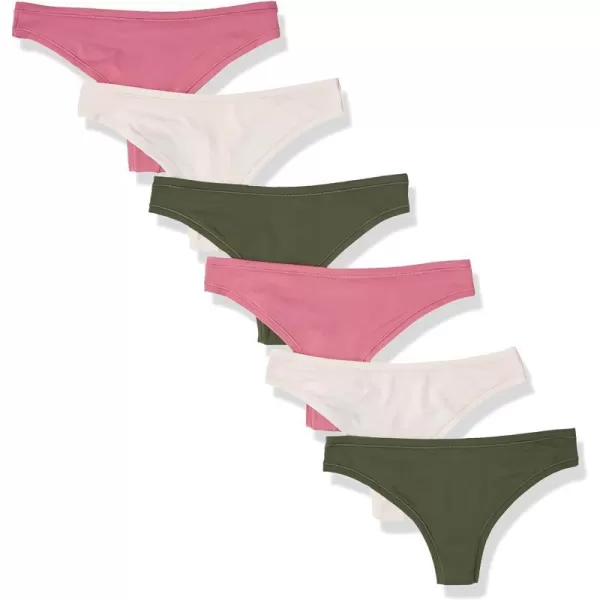 Amazon Essentials Womens Thong Underwear Available in Plus Size Pack of 6MauveBlushDark Khaki Green