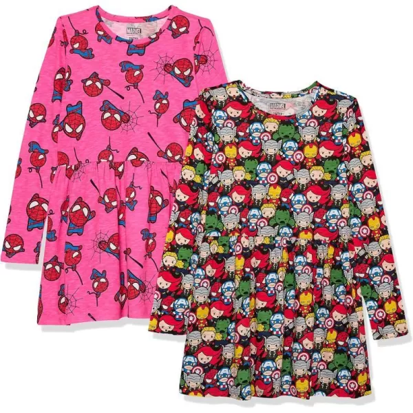 Spotted Zebra Disney  Marvel  Star Wars  Frozen  Princess Toddlers Big Girls Knit LongSleeve Play Dresses Pack of 2Pink Marvel Spiderman