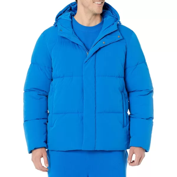 Amazon Essentials Mens Recycled Polyester MidLength Hooded Puffer Available in Big ampamp TallBright Blue