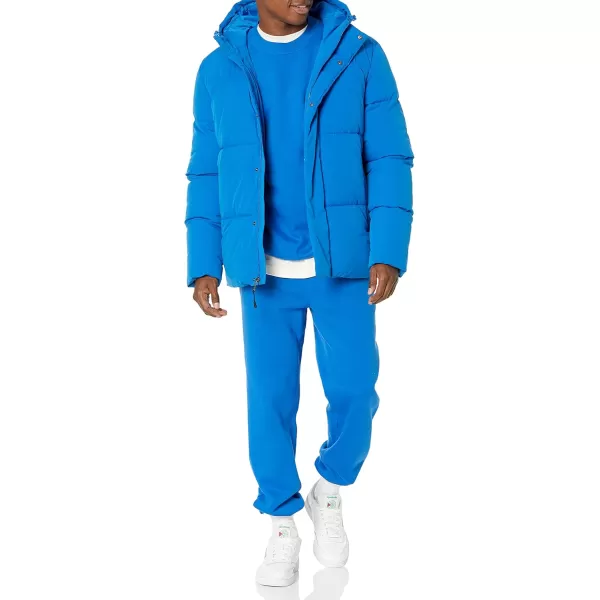 Amazon Essentials Mens Recycled Polyester MidLength Hooded Puffer Available in Big ampamp TallBright Blue
