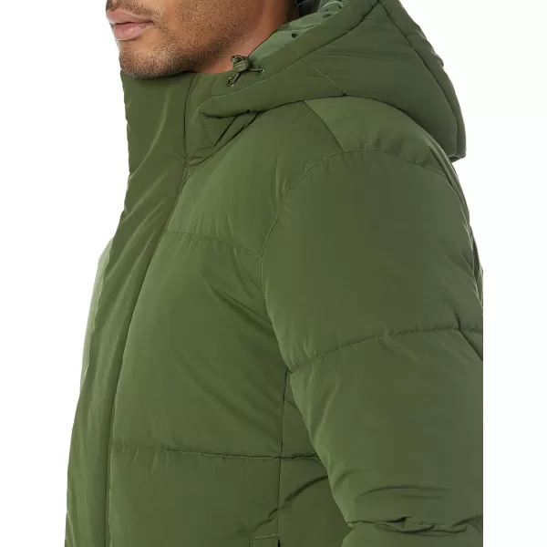 Amazon Essentials Mens Recycled Polyester MidLength Hooded Puffer Available in Big ampamp TallDark Olive