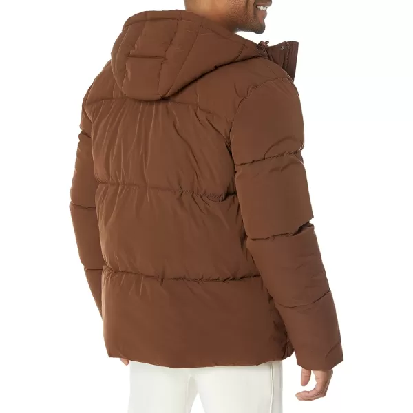 Amazon Essentials Mens Recycled Polyester MidLength Hooded Puffer Available in Big ampamp TallDeep Brown