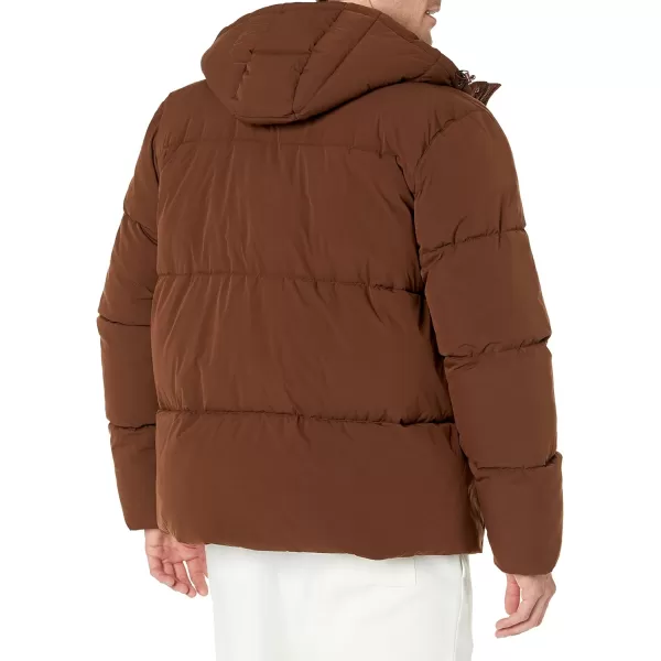 Amazon Essentials Mens Recycled Polyester MidLength Hooded Puffer Available in Big ampamp TallDeep Brown