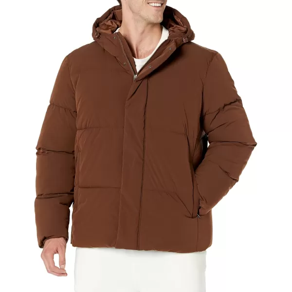 Amazon Essentials Mens Recycled Polyester MidLength Hooded Puffer Available in Big ampamp TallDeep Brown