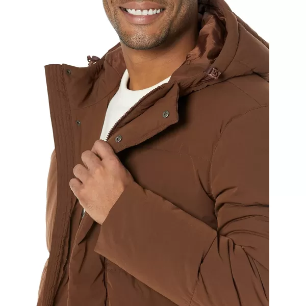 Amazon Essentials Mens Recycled Polyester MidLength Hooded Puffer Available in Big ampamp TallDeep Brown