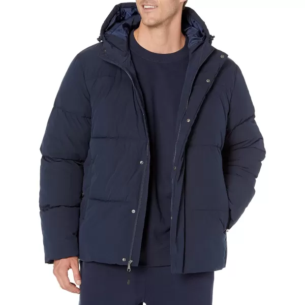 Amazon Essentials Mens Recycled Polyester MidLength Hooded Puffer Available in Big ampamp TallNavy